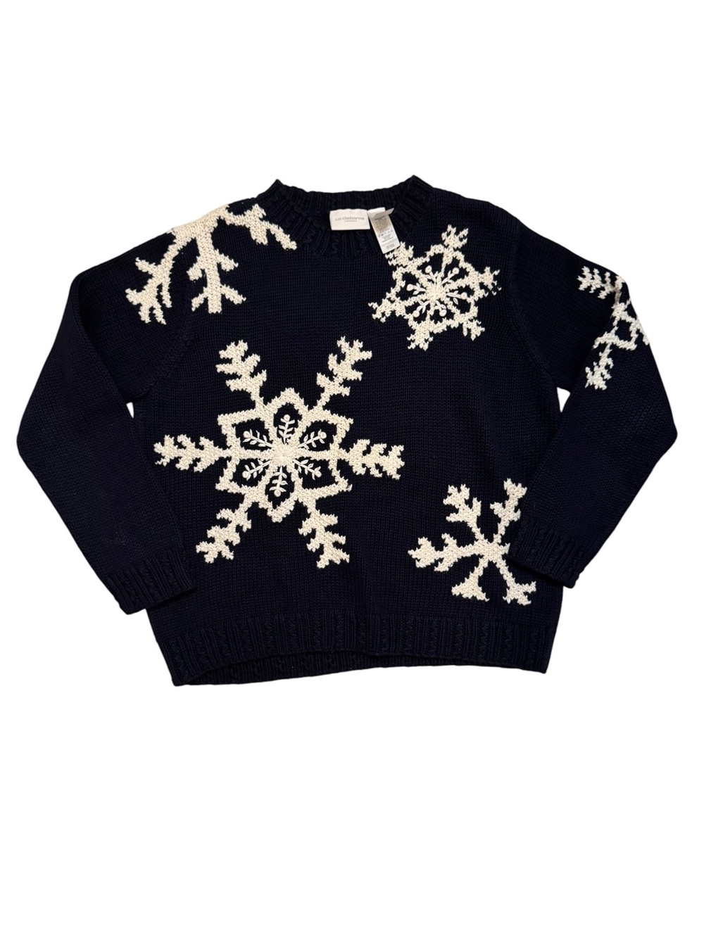 Liz Claiborne Sport Chunky Knit Navy Snowflake Crewneck Sweater Size Large